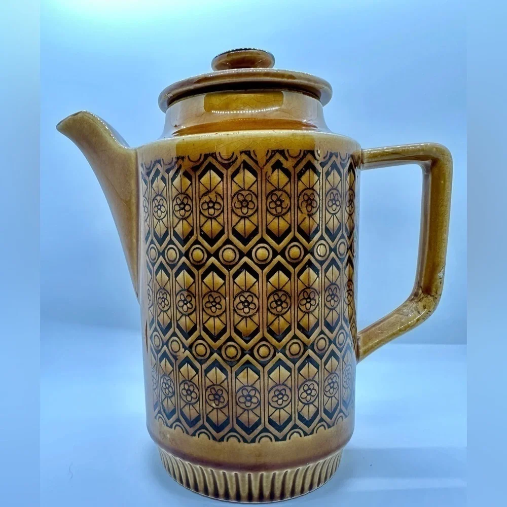 Coffee Pot Brown Geometric Design MCM • Made in Japan